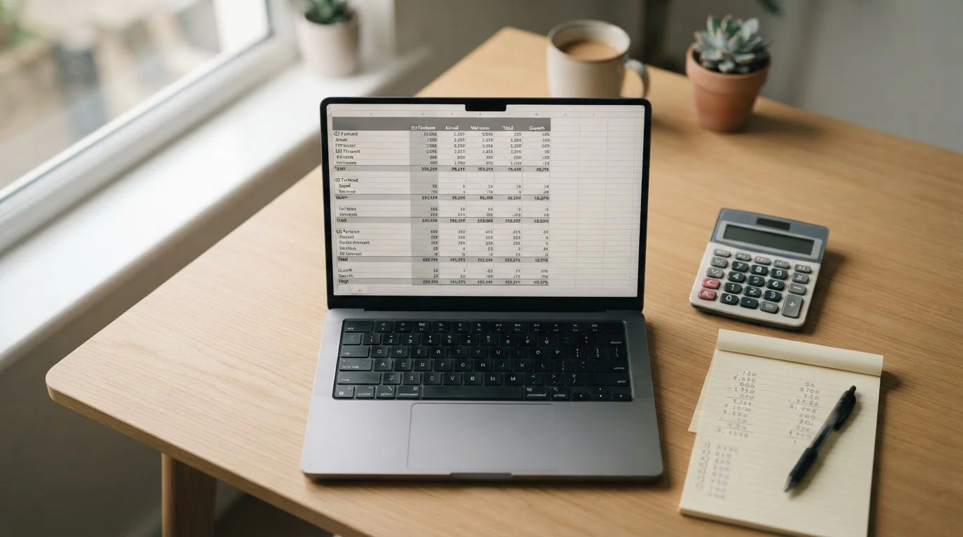 Neutraler Arbeitsplatz mit Laptop und Taschenrechner für die Analyse von Sportwetten-Anbietern