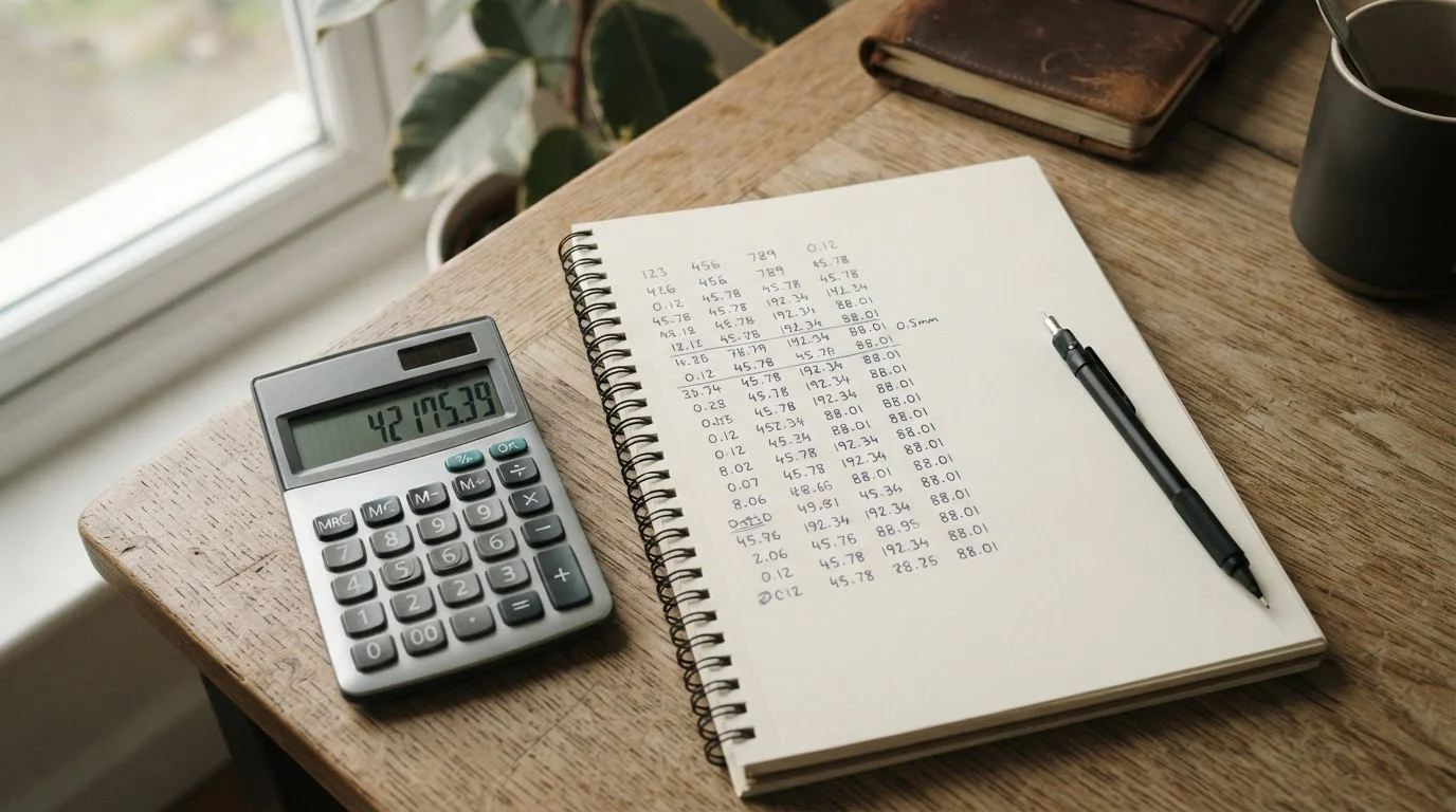 Taschenrechner und Notizen mit Quotenberechnungen auf einem Schreibtisch