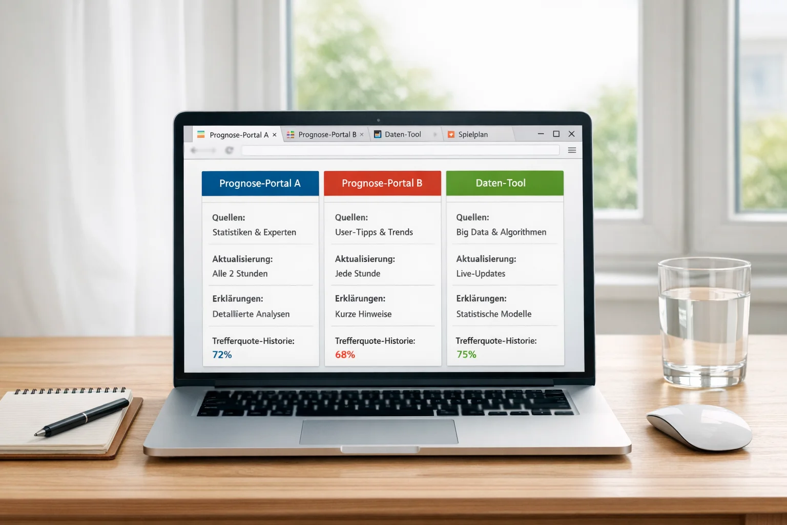 Laptop zeigt verschiedene Sportwetten-Prognose-Webseiten nebeneinander