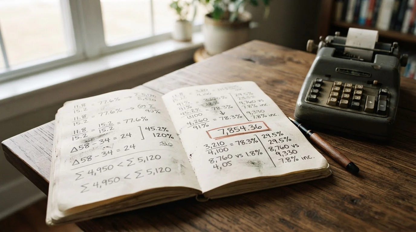 Taschenrechner und handschriftliche Notizen mit Prozentangaben auf einem Notizbuch