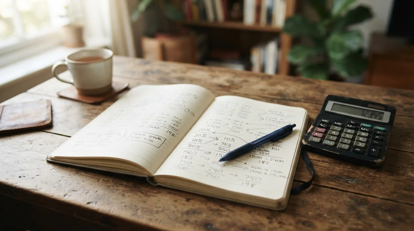 Taschenrechner und Notizblock mit handschriftlichen Berechnungen auf einem Schreibtisch