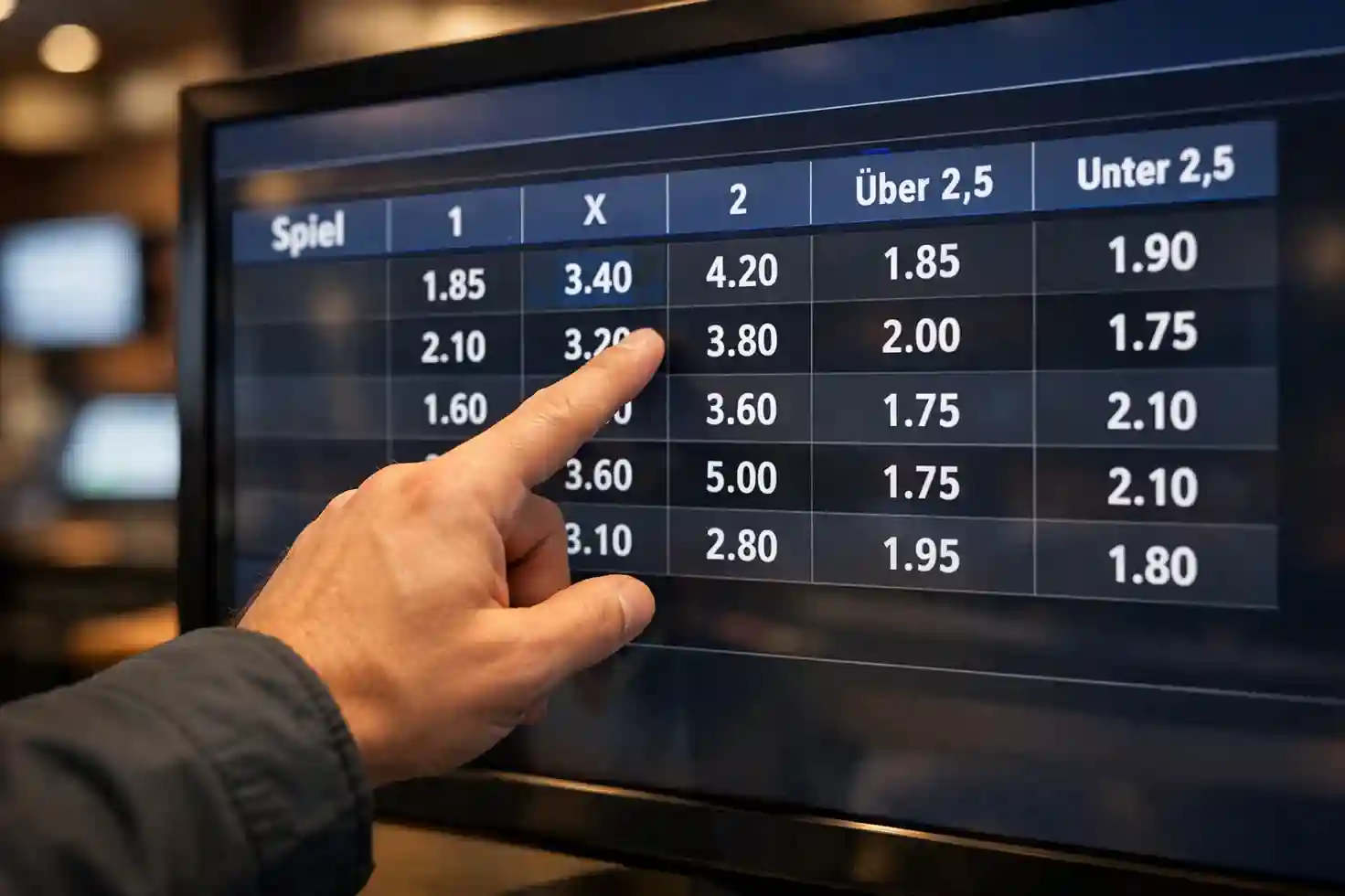 Hand zeigt auf Quotentafel mit Sportwetten-Zahlen