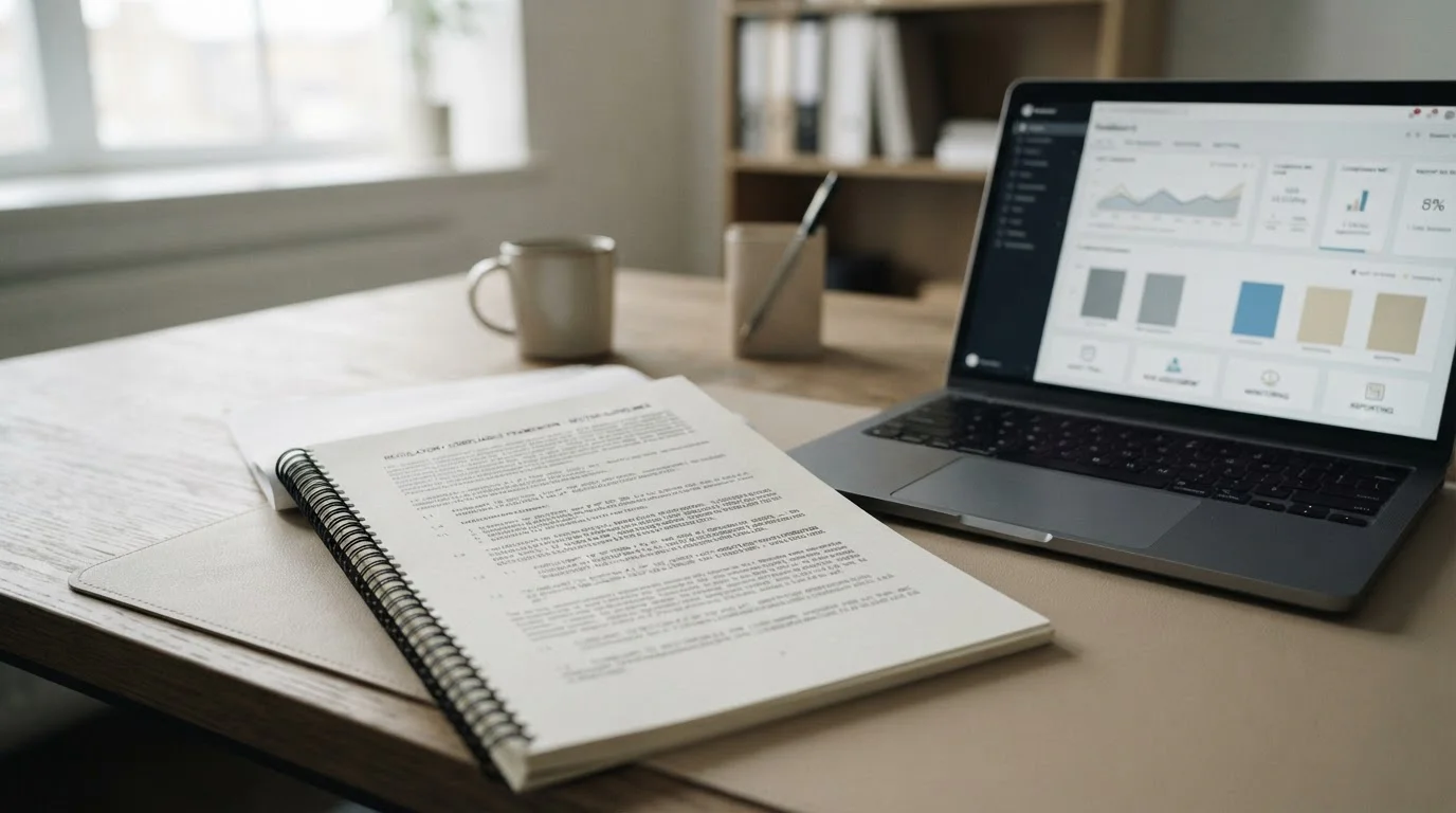 Gesetzestext und Laptop auf Schreibtisch in neutralem Licht