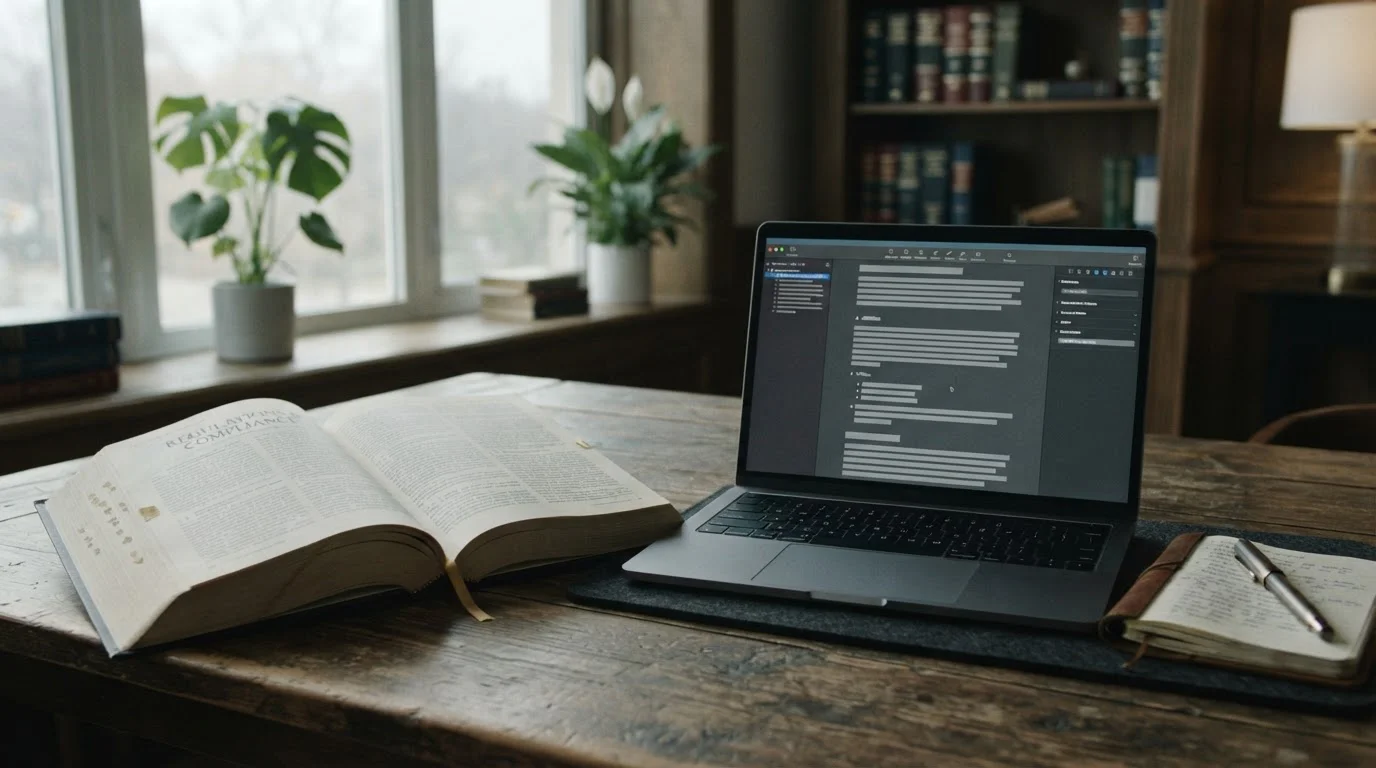 Aufgeschlagenes Gesetzbuch und Laptop mit Gesetzestext, ruhige Arbeitsatmosphäre