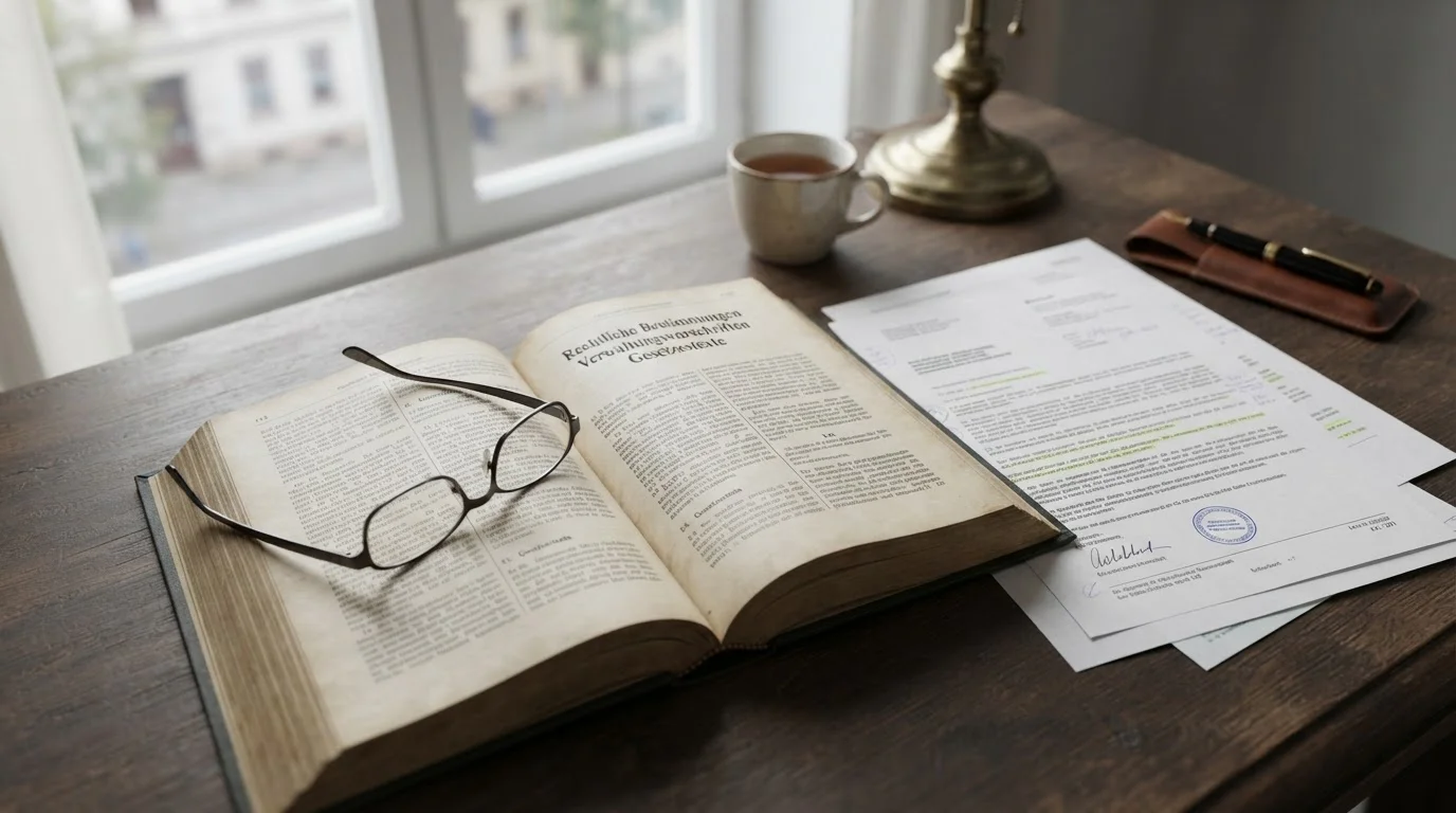 Offenes Gesetzbuch und Dokumente auf einem Schreibtisch, symbolisch für die rechtlichen Rahmenbedingungen von Wetten in Deutschland