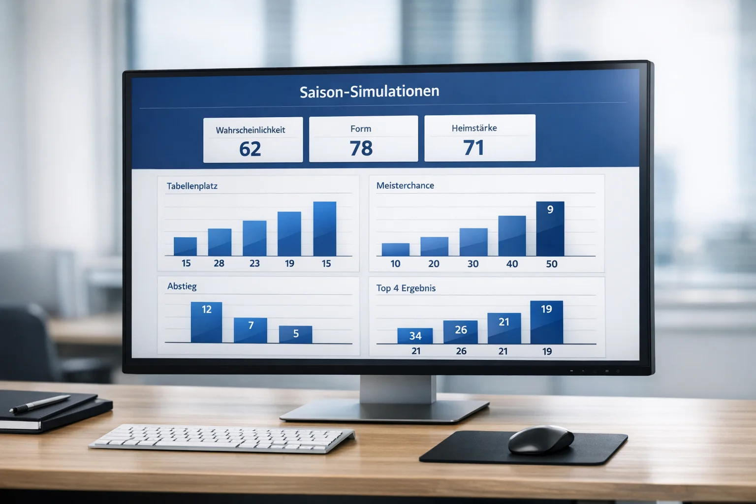 Computerbildschirm zeigt Datenvisualisierung mit Balkendiagrammen und Prozentangaben