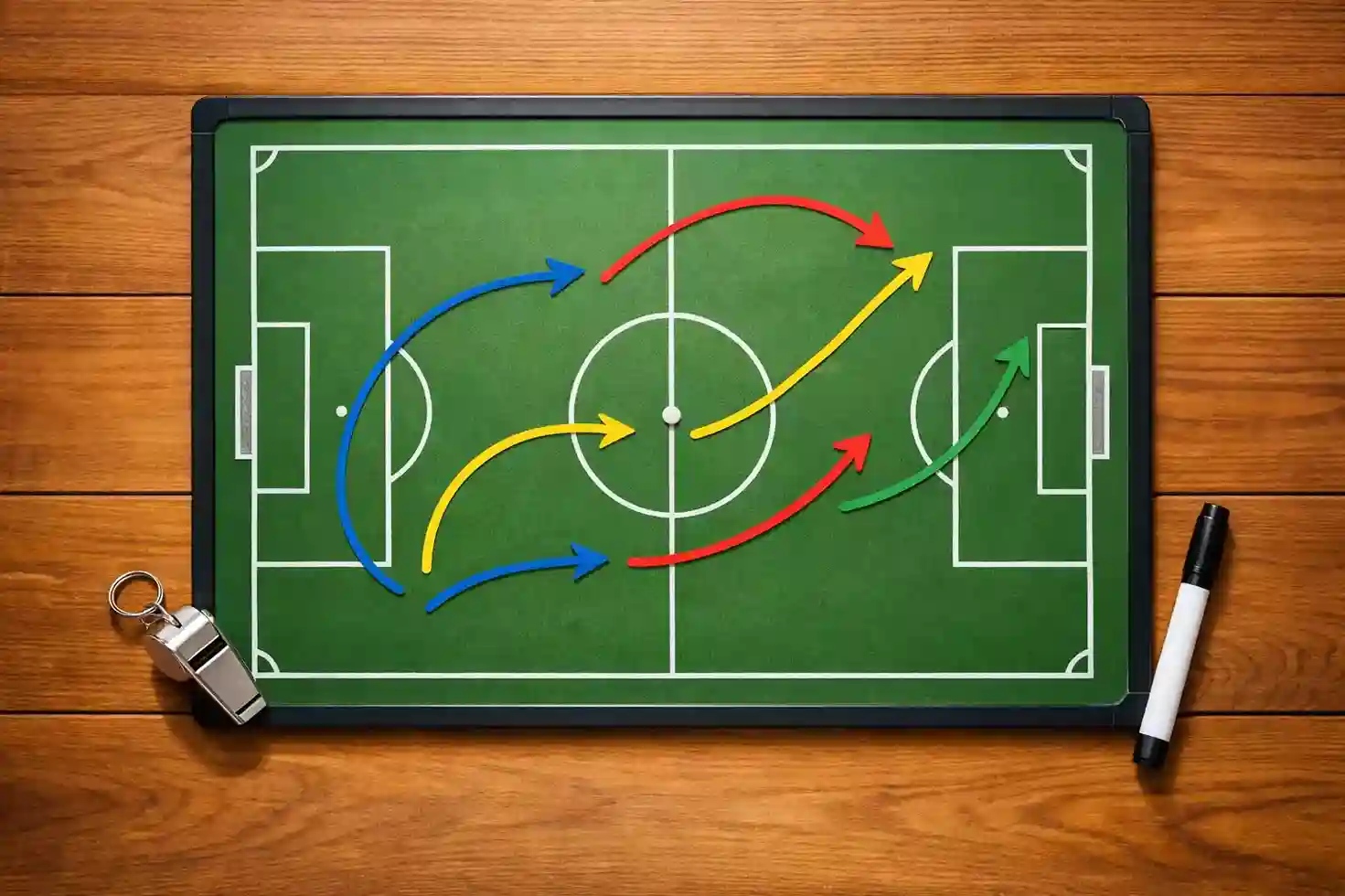 Konzeptdiagramm einer Fußballsimulation mit mehreren Spielverläufen
