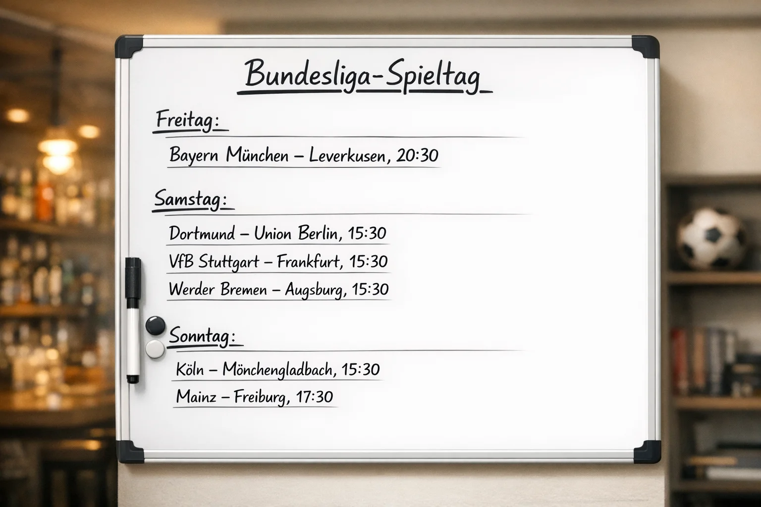 Übersichtlicher Spielplan mit mehreren Bundesliga-Partien auf einer Tafel