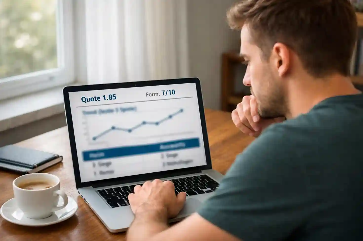 Person analysiert Sportwetten-Statistiken am Laptop mit Kaffeetasse