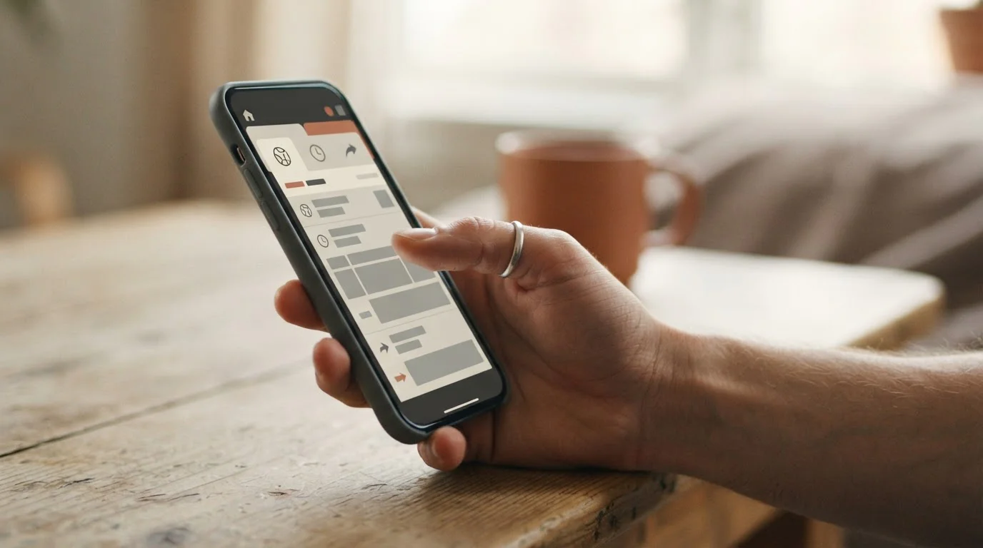 Nahaufnahme einer Hand, die auf einem Smartphone durch App-Funktionen scrollt