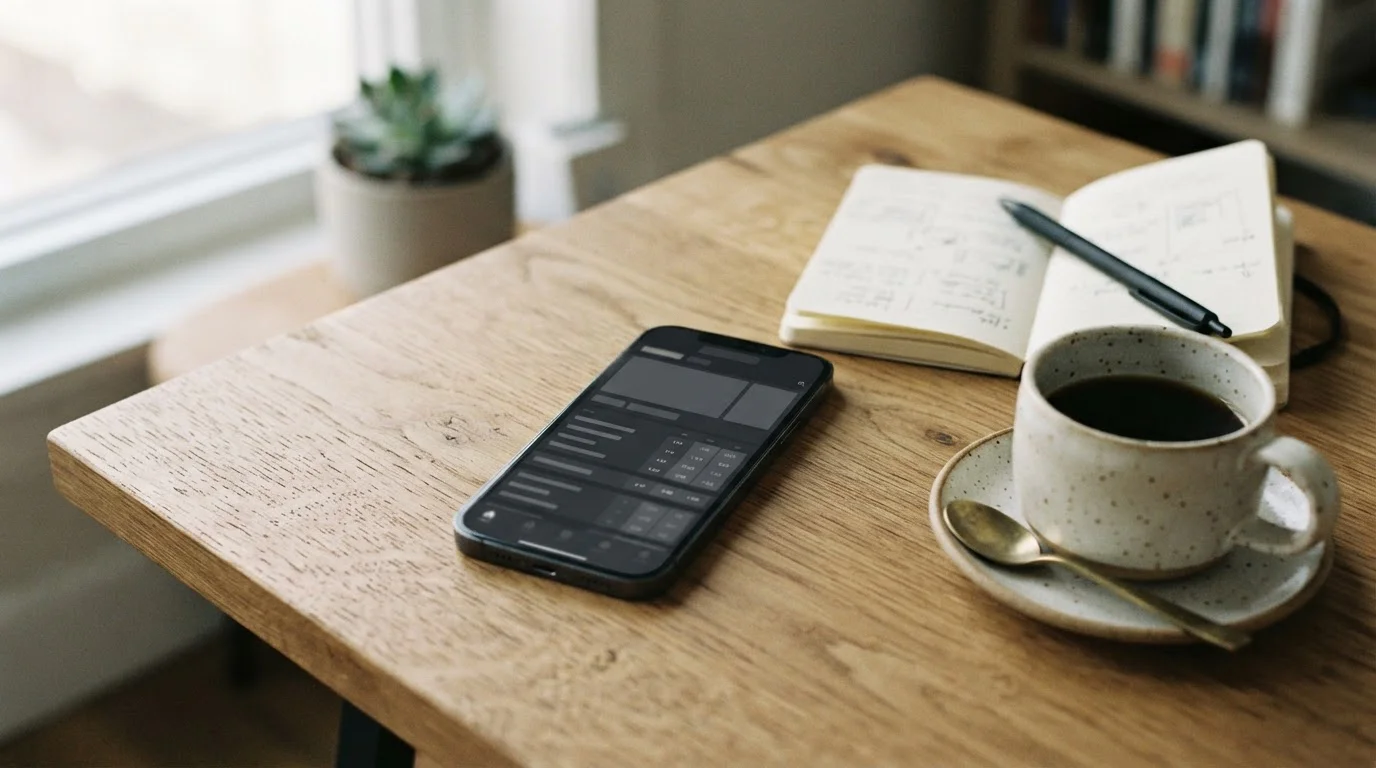 Smartphone mit minimalistischer Wett-App auf einem Schreibtisch, der den niedrigschwelligen Einstieg ins Sportwetten symbolisiert