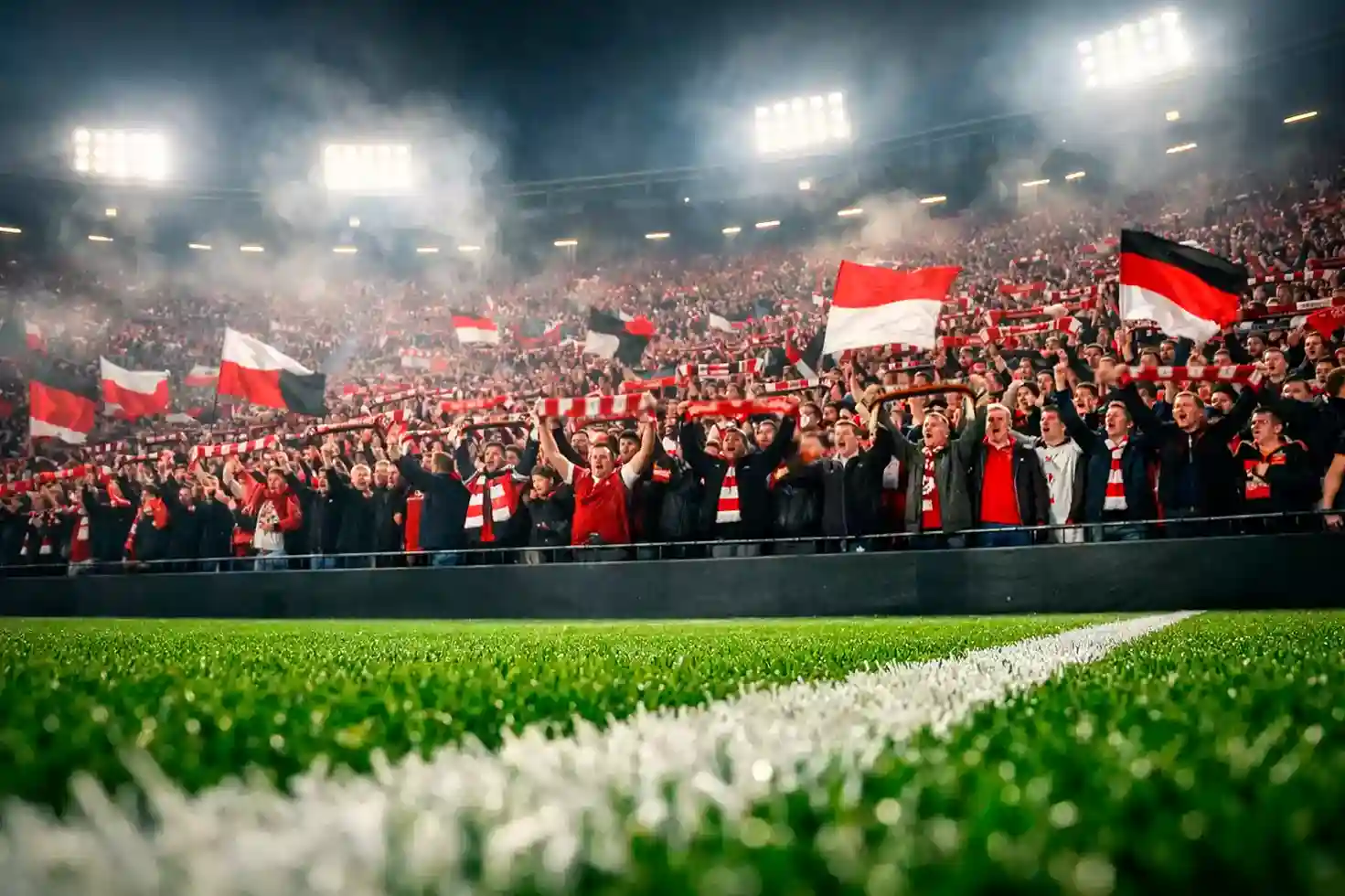 Volles Bundesliga-Stadion mit begeisterten Fans auf den Rängen