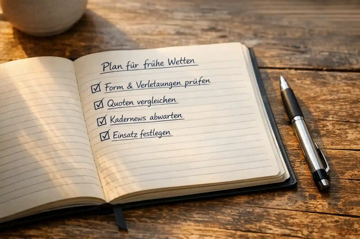 Notizbuch mit handgeschriebenen Notizen und Stift auf Holztisch