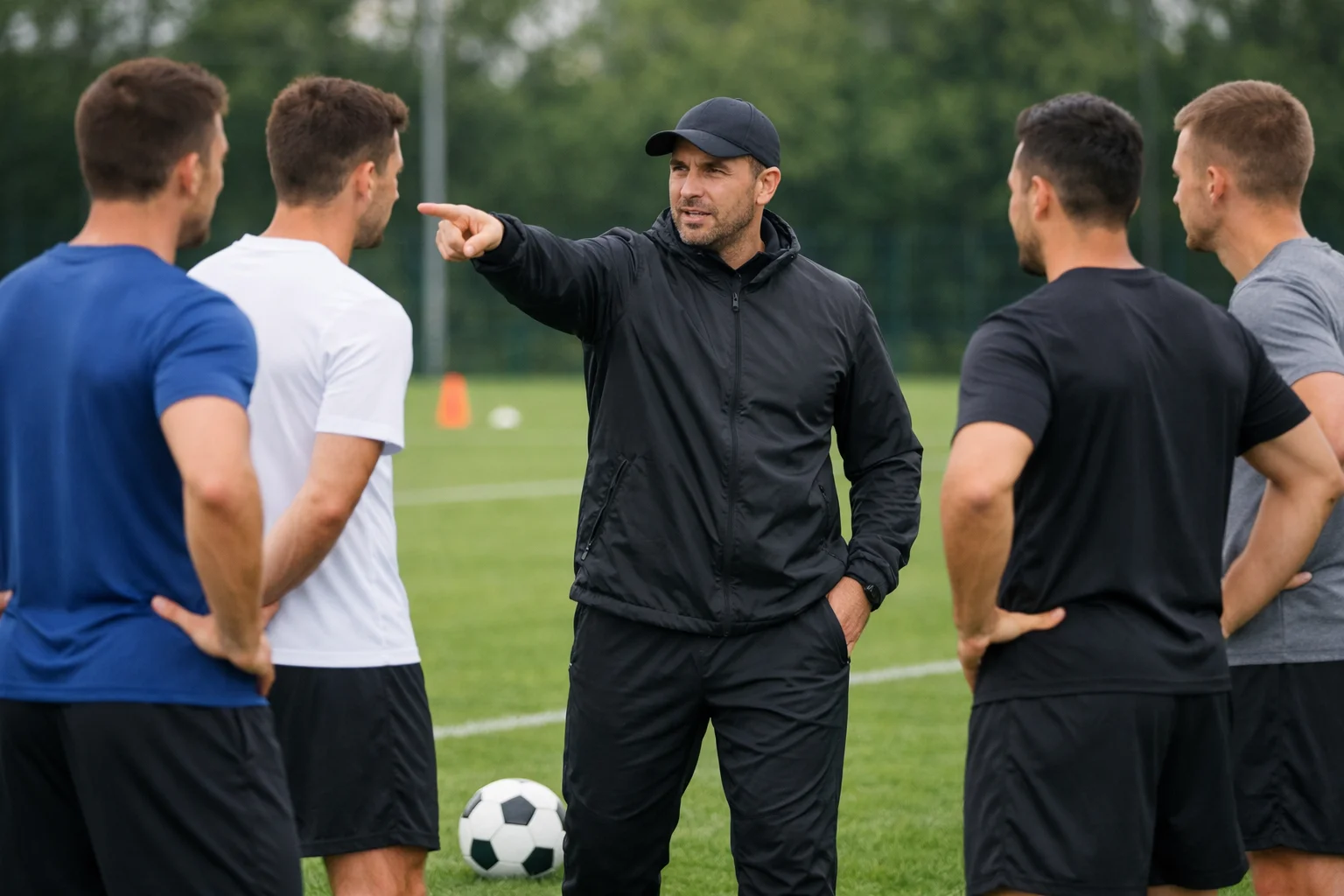 Fußballtrainer bespricht Taktik mit Spielern auf dem Trainingsplatz