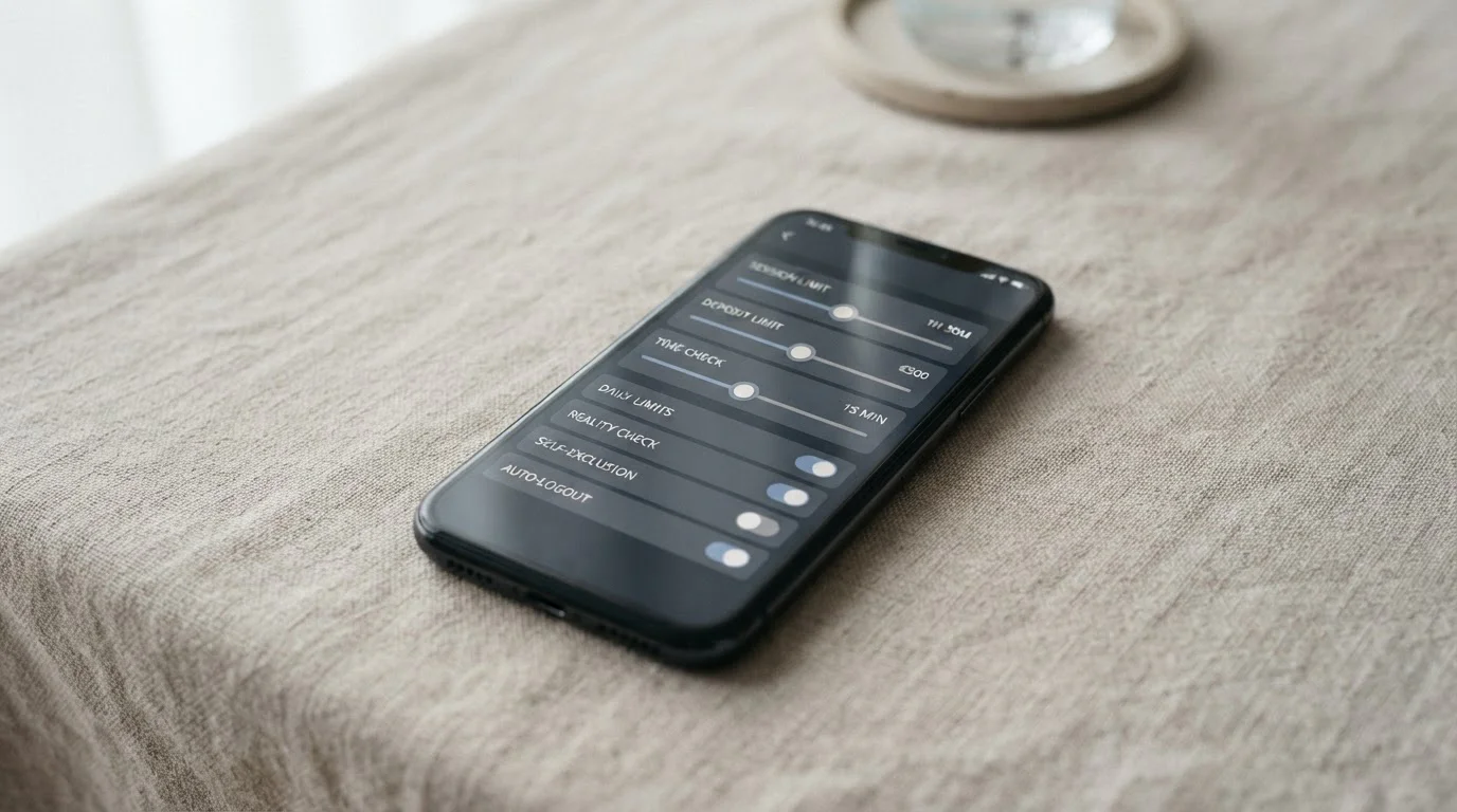 Smartphone mit Einstellungen für Limits und Selbstausschluss auf einem Tisch