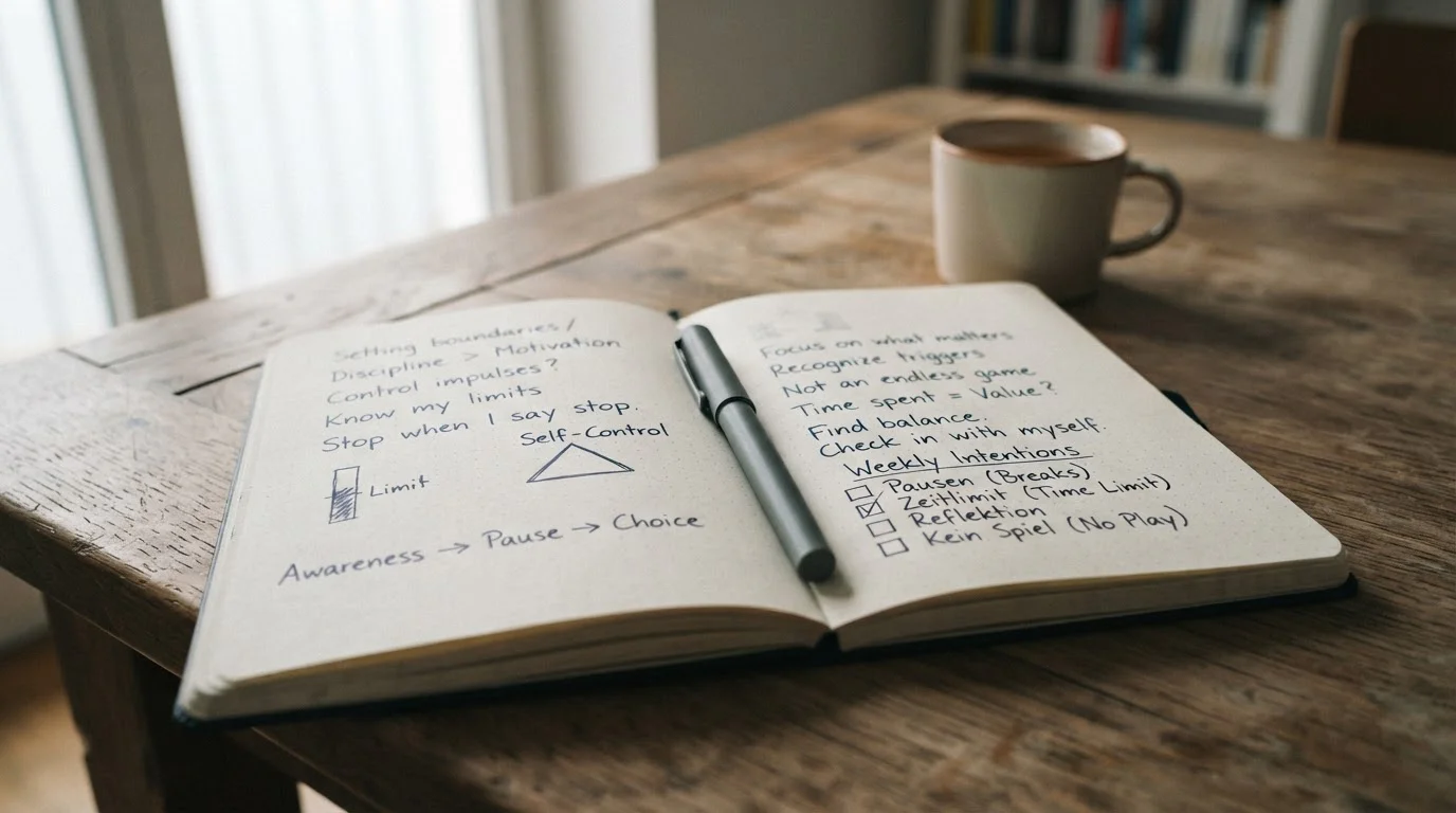 Offenes Notizbuch mit handschriftlichen Notizen zu Limits und Selbstkontrolle