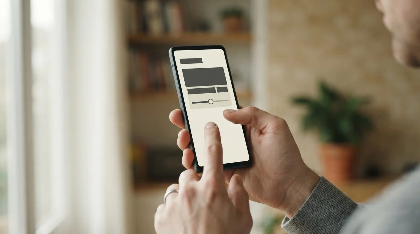 Hand setzt Limit auf Smartphone-Display in ruhiger, nüchterner Umgebung