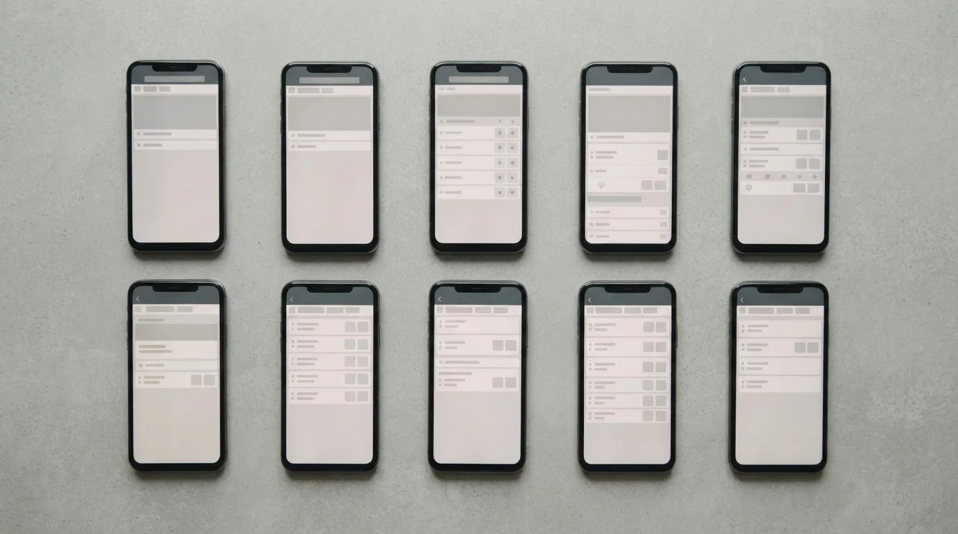 Zehn Android-Smartphones nebeneinander mit neutralen App-Oberflächen im Vergleich