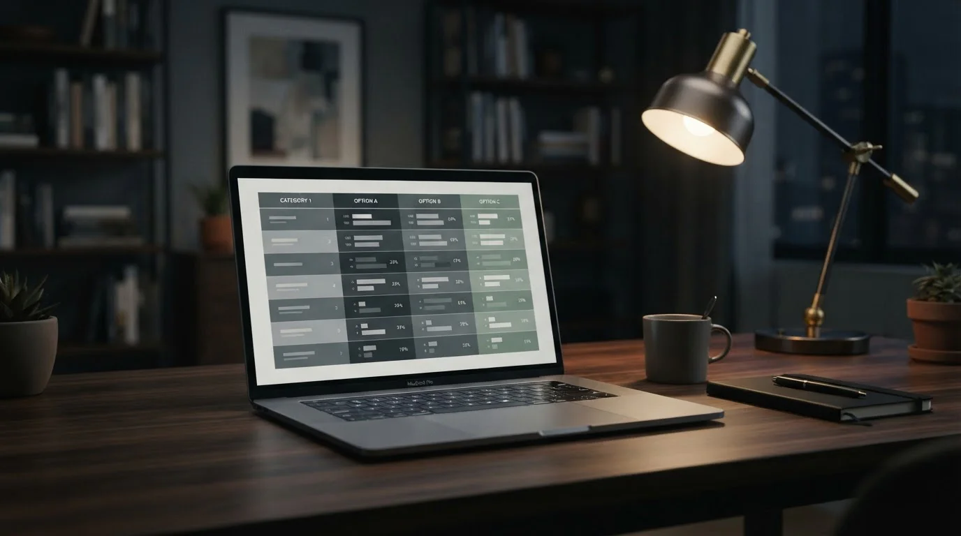 Laptop mit gestaffelter Tabelle auf dunklem Schreibtisch, gedämpftes Licht