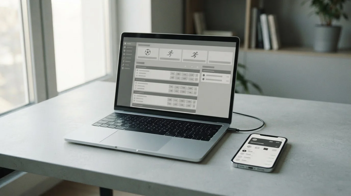 Smartphone mit Krypto-Wallet und Desktop-Interface für Sportwetten nebeneinander
