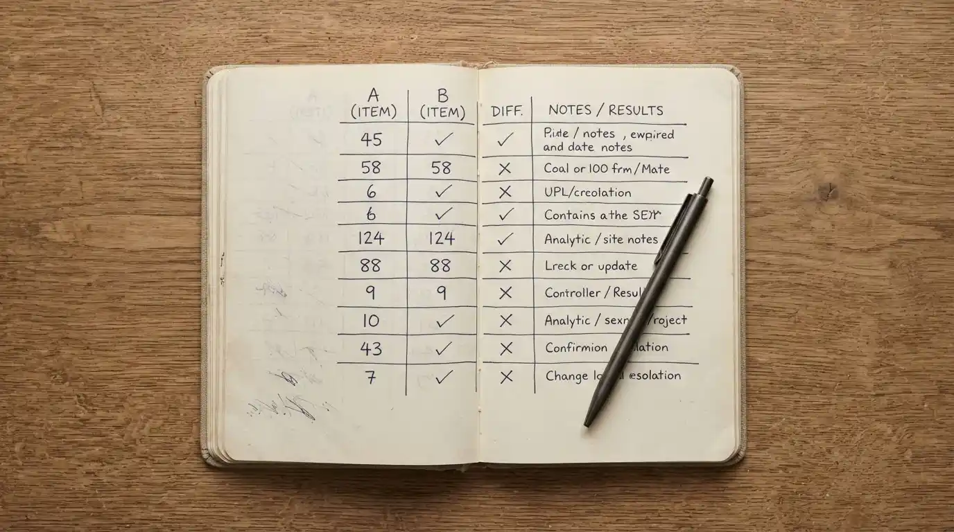 Aufgeschlagenes Notizbuch mit handschriftlichen Zahlen und Vergleichstabelle auf Holztisch