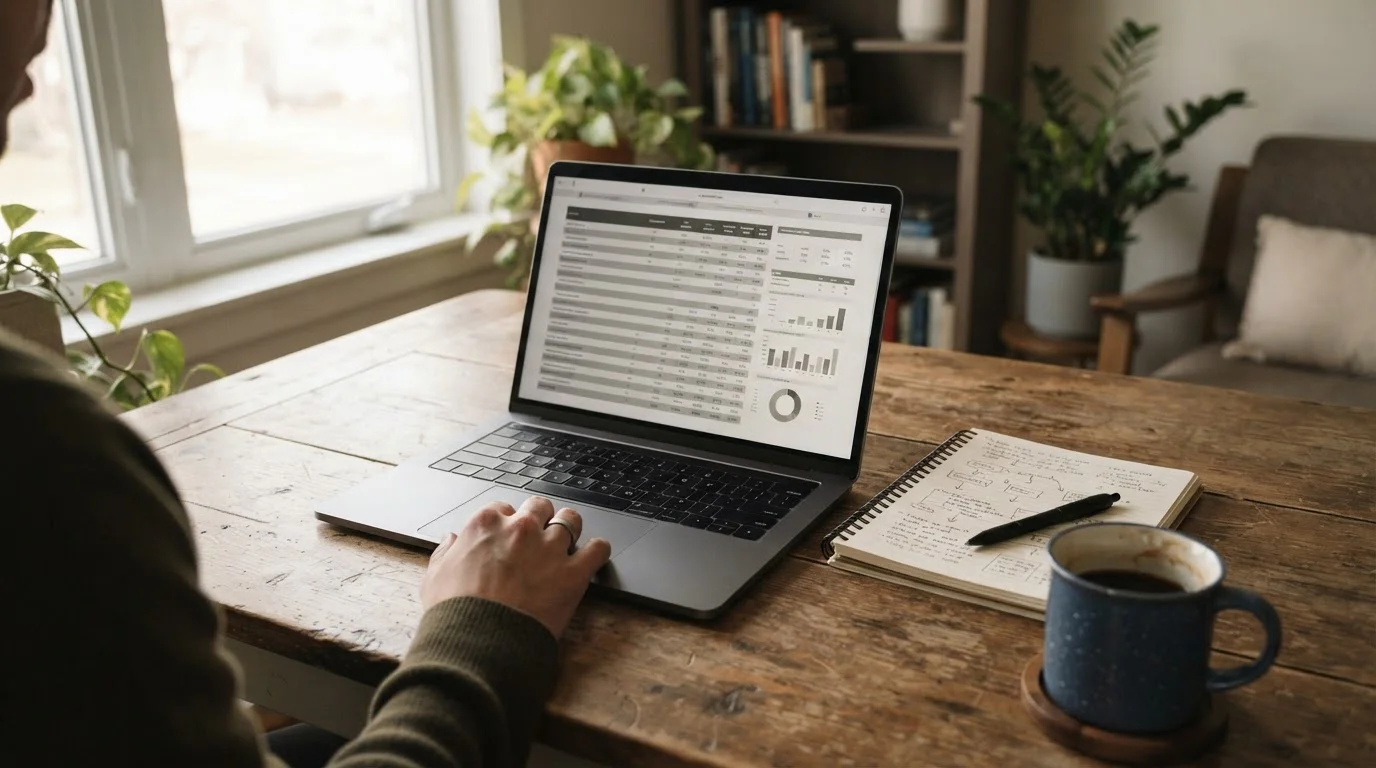 Arbeitsplatz mit Laptop und Notizen, symbolisch für die Analyse von Wettanbietern mit Trustly-Zahlung