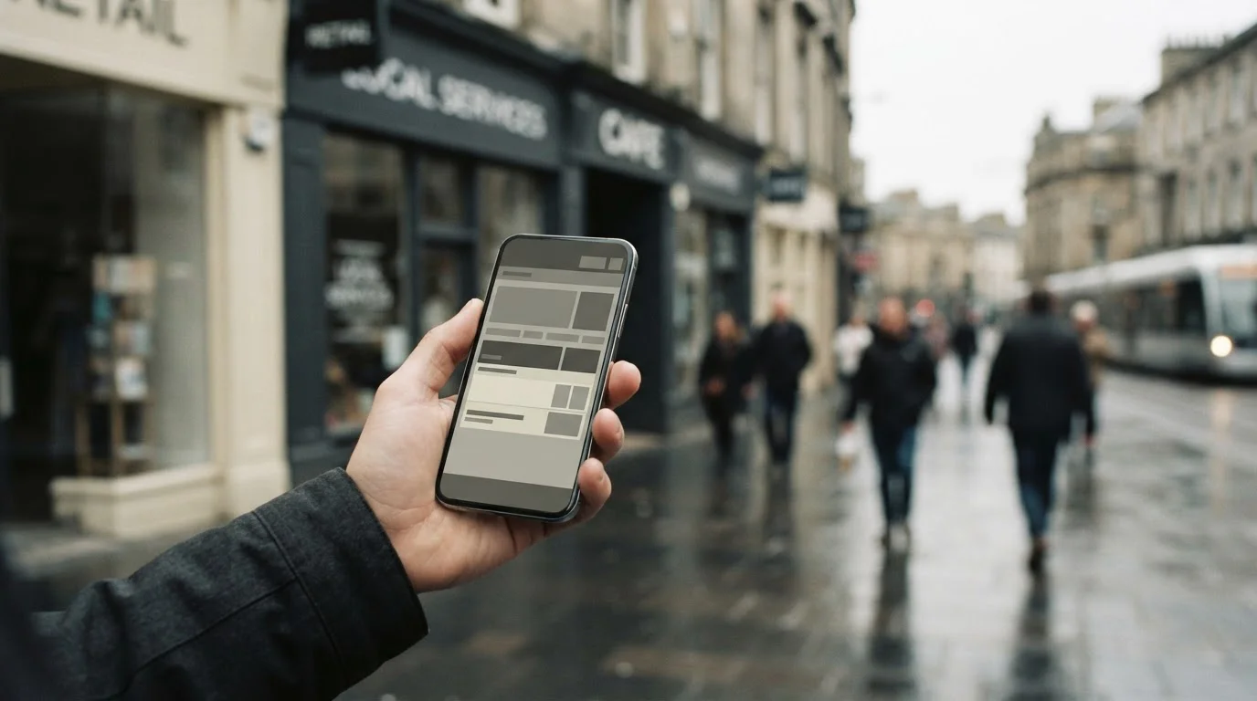 Smartphone und physisches Geschäft im Hintergrund als Kontrast zwischen Online- und Offline-Wetten