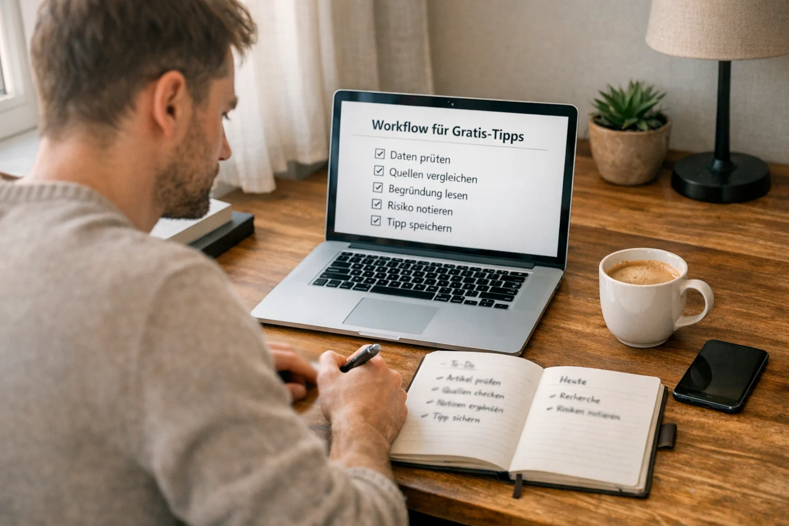 Person arbeitet konzentriert am Schreibtisch mit Laptop und Notizbuch