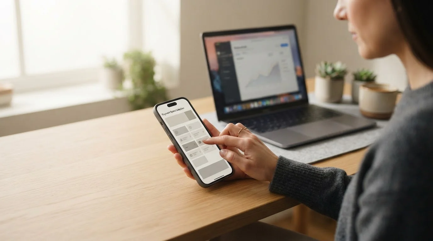 Smartphone mit Payment-Auswahlbildschirm neben Laptop zeigt verschiedene Zahlungsoptionen