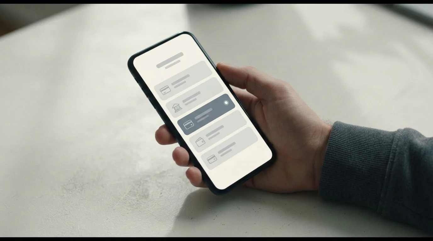 Smartphone mit abstrakten Zahlungsoptionen und durchgestrichenen Symbolen