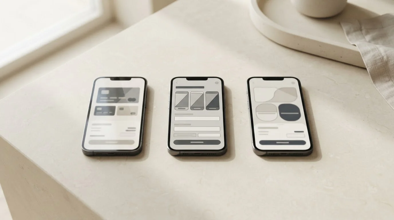 Drei Smartphones nebeneinander mit abstrakten Zahlungsschnittstellen